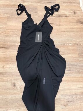 PrettyLittleThing Black One-Shoulder Draped Tie-Strap Dress